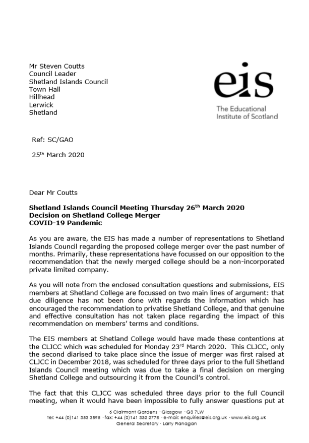Letter to Shetland Islands Council | EIS